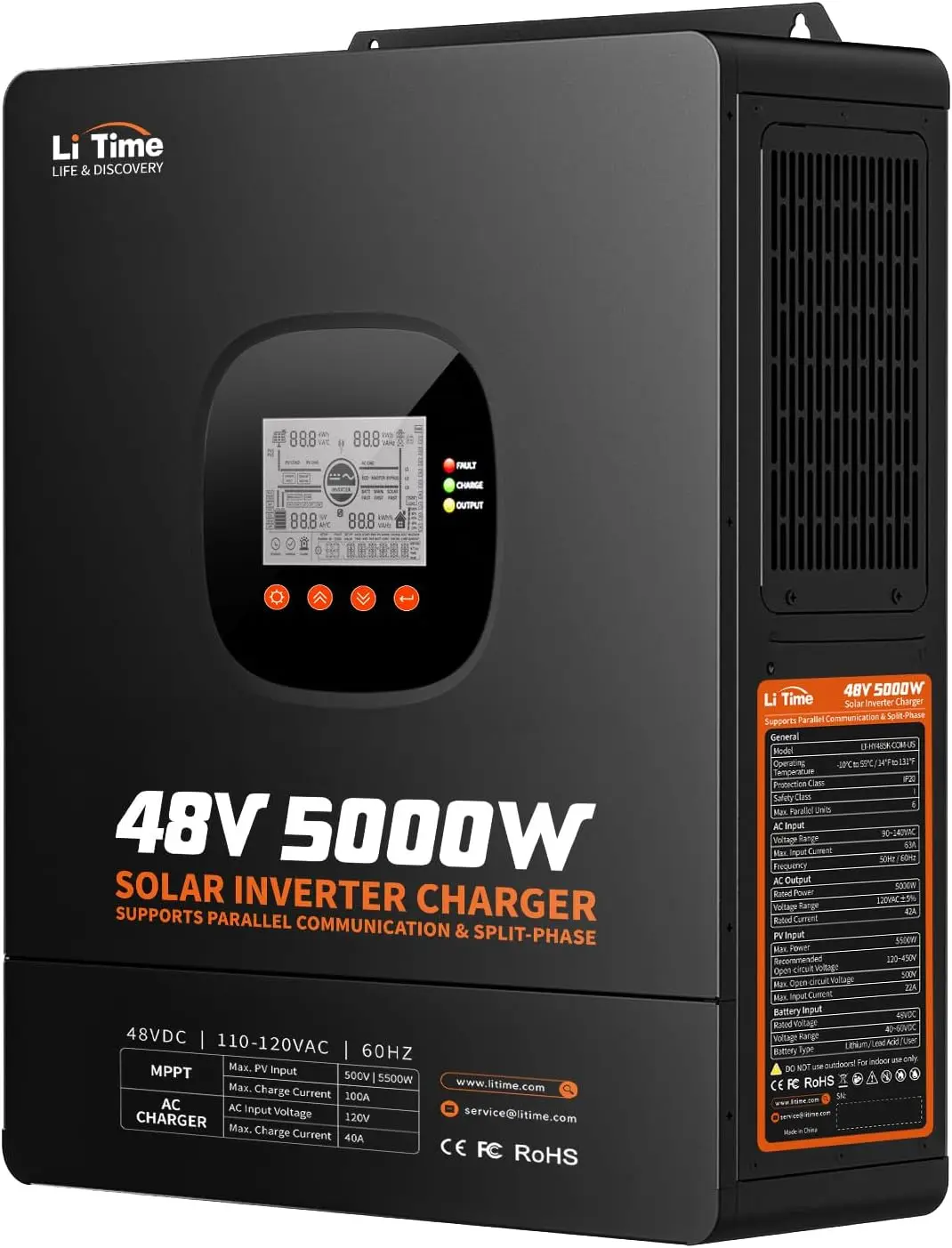 Parallel Solar Inverter 48V 5000W Mppt - LiTime 5000W 太陽光ハイブリッドインバーター充電器、48V DCから120V ACへの純正弦波インバーター、240V対応の並列分割相機能、家庭用バックアップ、オフグリッド、農場用に内蔵された100A MPPT太陽光充電コントローラー。